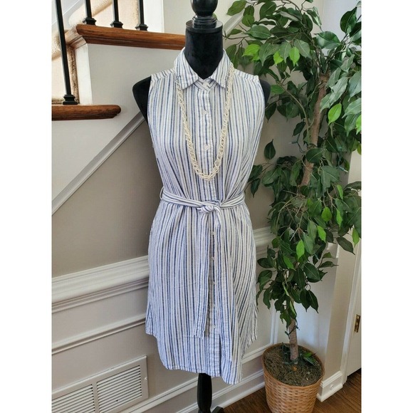 Old Navy Women Blue & White Linen Sleeveless Collared Knee Length Dress Size M - Picture 1 of 16
